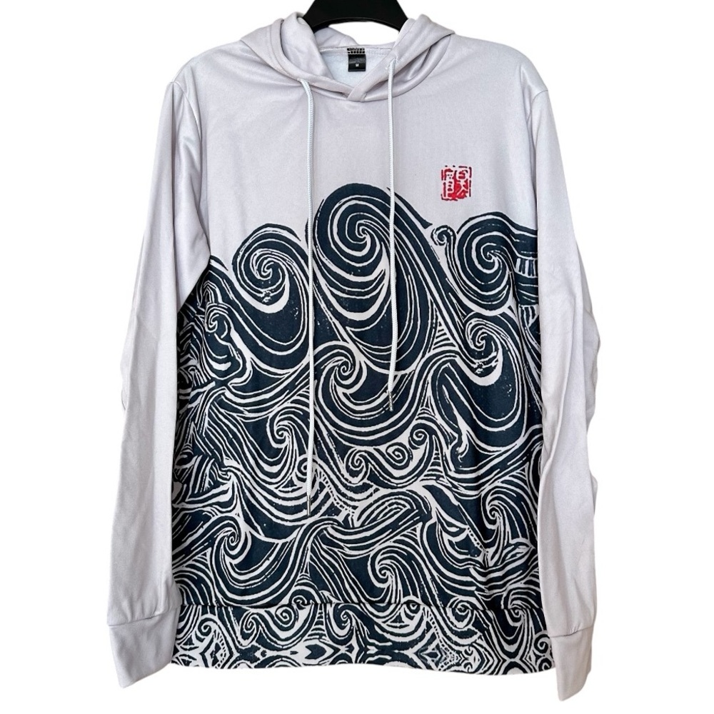 Unique Hoodie Sweatshirt Wave Design Silvery Light Grey, NWOT, M